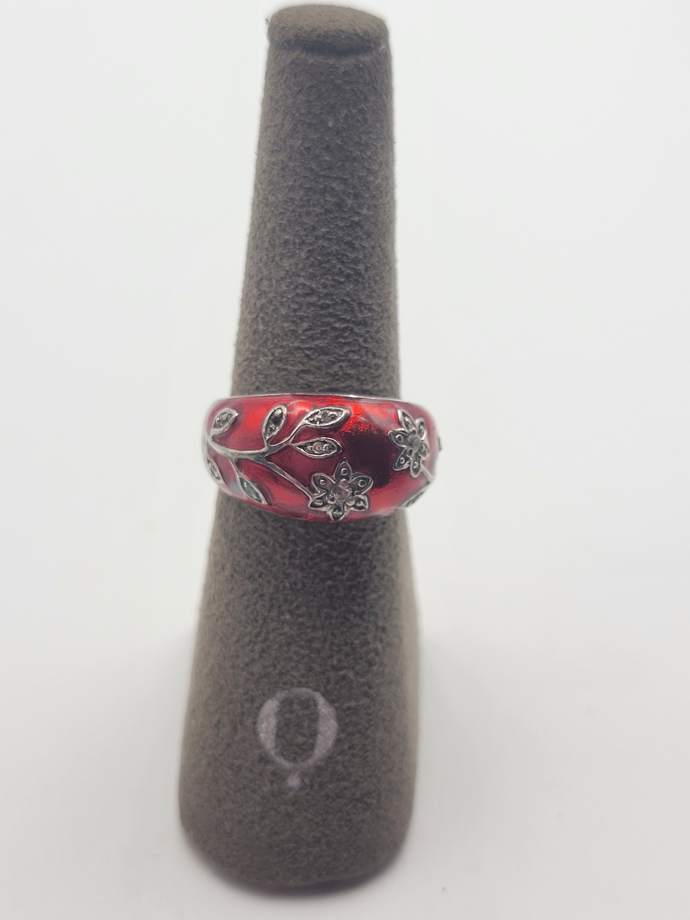 Sterling Silver 925 Red Floral Enamel Band Ring Size 7.75 - Picture 1 of 7